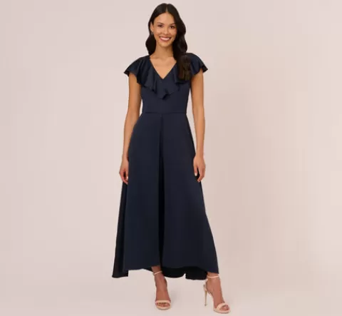 Adrianna Papell Satin Crepe Ruffled Cropped Jumpsuit In Dark Navy DARKNAVY Online