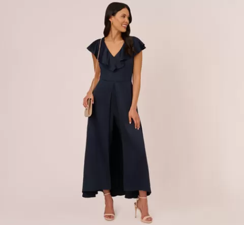 Adrianna Papell Satin Crepe Ruffled Cropped Jumpsuit In Dark Navy DARKNAVY Online