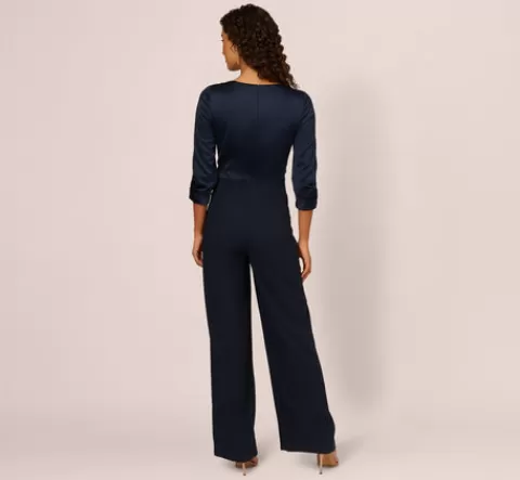 Adrianna Papell Satin Crepe Three Quarter Sleeve Jumpsuit With Buckle Waist In Dark Navy DARKNAVY Cheap