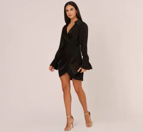 Adrianna Papell Satin Faux Wrap Dress With Long Sleeves In BLACK New