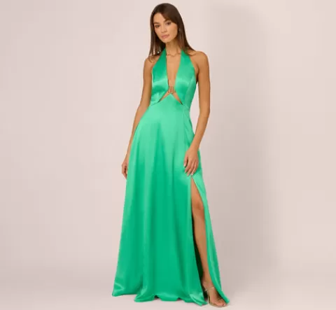 Adrianna Papell Satin Halter Gown With Cutout Bodice And Metal Accent In FLORA Flash Sale