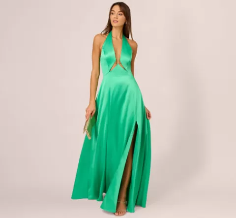 Adrianna Papell Satin Halter Gown With Cutout Bodice And Metal Accent In FLORA Flash Sale