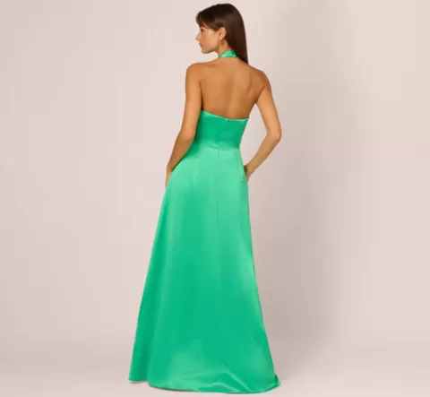 Adrianna Papell Satin Halter Gown With Cutout Bodice And Metal Accent In FLORA Flash Sale