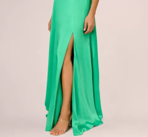Adrianna Papell Satin Halter Gown With Cutout Bodice And Metal Accent In FLORA Flash Sale