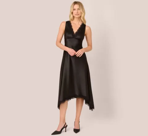 Adrianna Papell Satin Lace Midi Slip Dress In BLACK Best Sale
