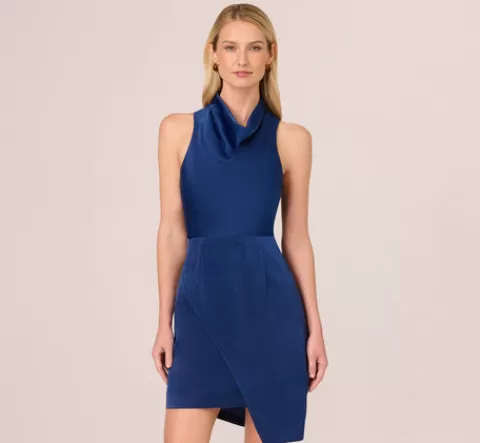 Adrianna Papell Satin Sleeveless Asymmetric Dress With Draped Neckline In NAVY Cheap