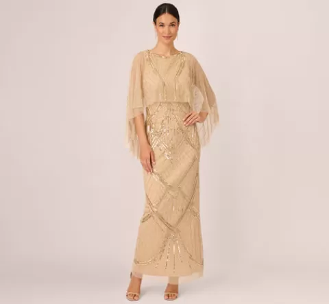 Adrianna Papell Scallop Beaded Cape Column Gown In GOLD Best