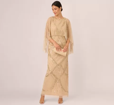 Adrianna Papell Scallop Beaded Cape Column Gown In GOLD Best