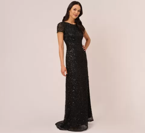 Adrianna Papell Scoop Back Sequin Gown In BLACK Cheap