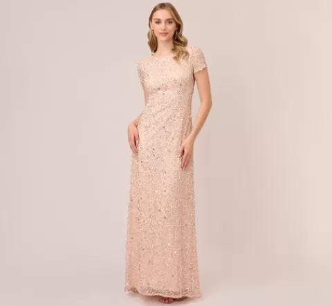 Adrianna Papell Scoop Back Sequin Gown In BLUSH Hot