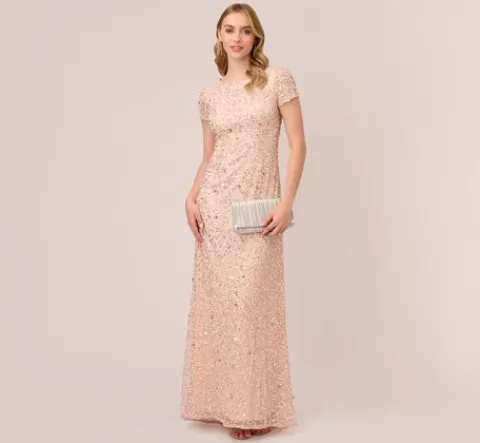 Adrianna Papell Scoop Back Sequin Gown In BLUSH Hot