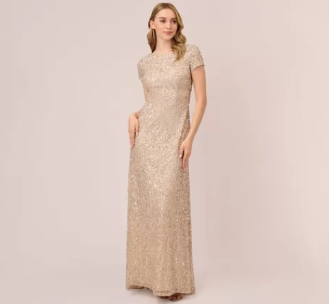 Adrianna Papell Scoop Back Sequin Gown In CHAMPAGNE New