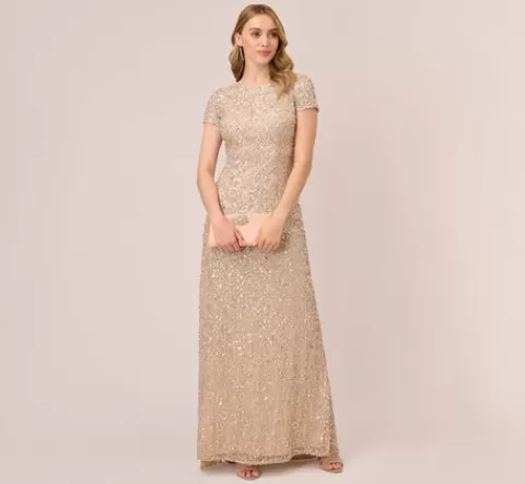 Adrianna Papell Scoop Back Sequin Gown In CHAMPAGNE New