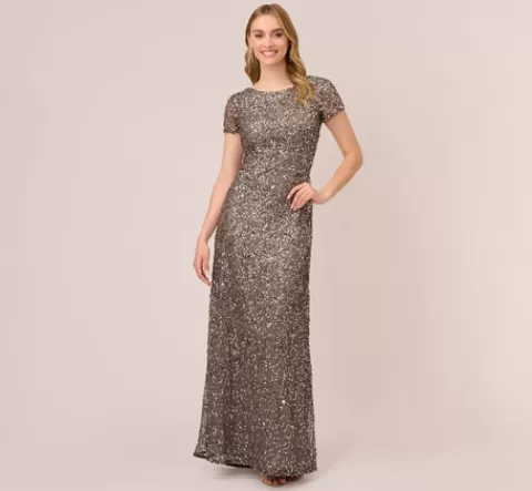 Adrianna Papell Scoop Back Sequin Gown In LEAD Cheap