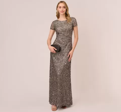 Adrianna Papell Scoop Back Sequin Gown In LEAD Cheap