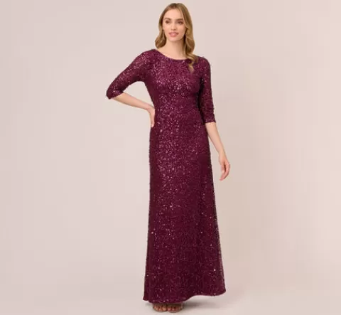 Adrianna Papell Scoop Back Sequin Gown With Three Quarter Sleeves In CABERNET Best