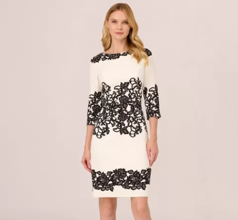 Adrianna Papell Scroll Lace Midi Dress With Three Quarter Sleeves In Ivory Black IVORY-BLACK Flash Sale