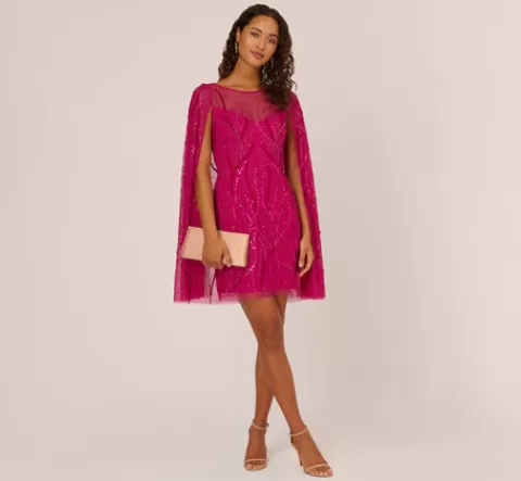 Adrianna Papell Sequin Beaded Cape Dress With Illusion Neckline In Hot Orchid HOTORCHID Online