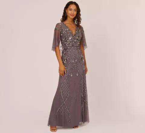 Adrianna Papell Sequin Beaded Gown With Sheer Cape Sleeves In MOONSCAPE Best Sale