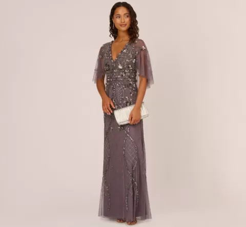 Adrianna Papell Sequin Beaded Gown With Sheer Cape Sleeves In MOONSCAPE Best Sale