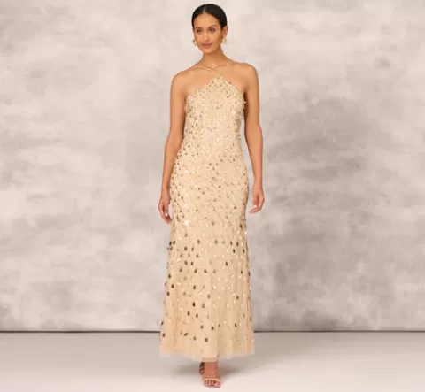 Adrianna Papell Sequin Beaded Mermaid Gown With Halter Neckline In GOLD Hot