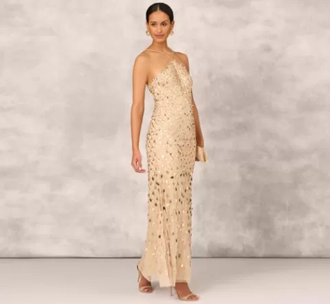 Adrianna Papell Sequin Beaded Mermaid Gown With Halter Neckline In GOLD Hot
