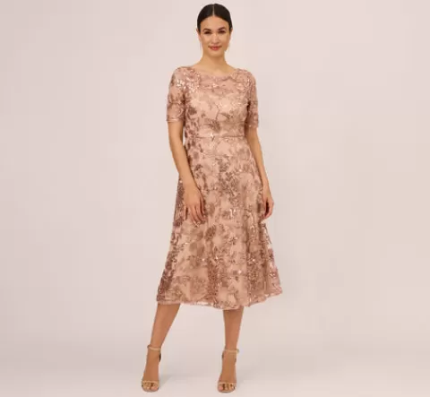 Adrianna Papell Sequin Embroidered Midi Dress With Sheer Short Sleeves In ALMONDINE Shop