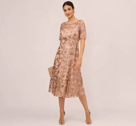 Adrianna Papell Sequin Embroidered Midi Dress With Sheer Short Sleeves In ALMONDINE Shop
