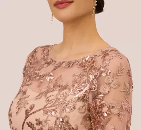 Adrianna Papell Sequin Embroidered Midi Dress With Sheer Short Sleeves In ALMONDINE Shop