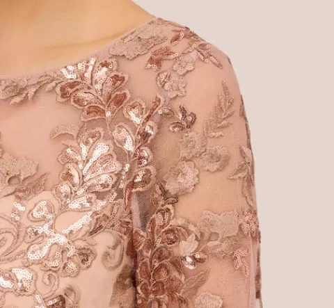Adrianna Papell Sequin Embroidered Midi Dress With Sheer Short Sleeves In ALMONDINE Shop
