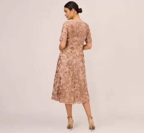Adrianna Papell Sequin Embroidered Midi Dress With Sheer Short Sleeves In ALMONDINE Shop