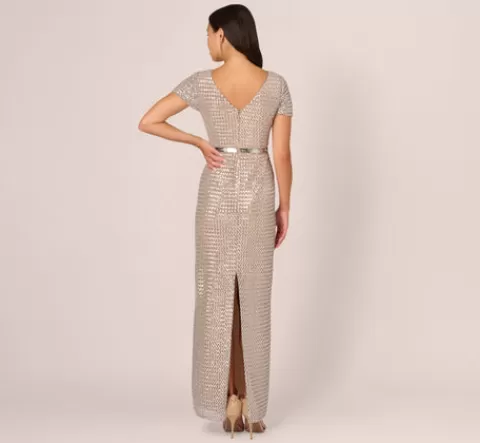 Adrianna Papell Sequin Short Sleeve Column Gown With Embellished Waist In Silver Nude SILVER-NUDE New