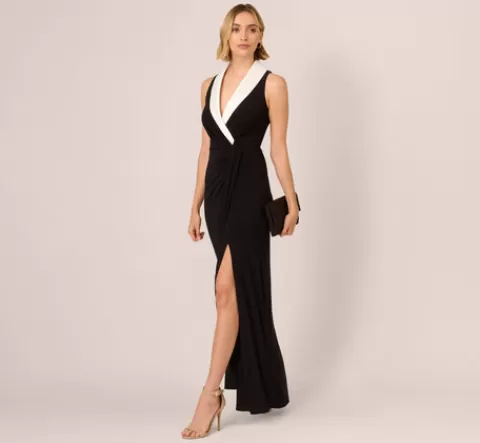 Adrianna Papell Shawl Collar Jersey Gown In Black Ivory BLACK-IVORY Cheap