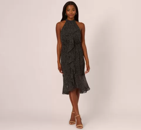 Adrianna Papell Shirred Dot Chiffon Midi Dress In Black Ivory BLACK-IVORY Flash Sale