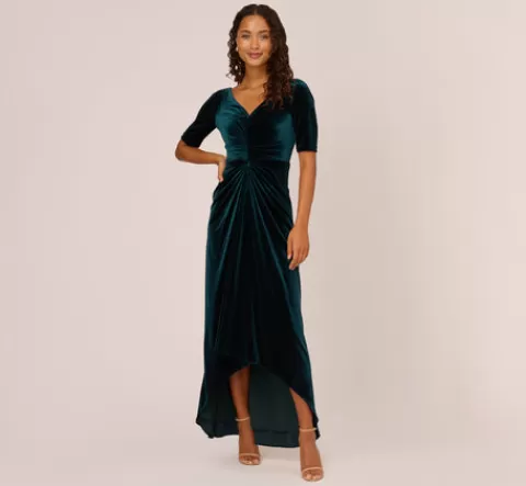 Adrianna Papell Shirred Velvet Gown With Elbow-Length Sleeves In EMERALD Clearance