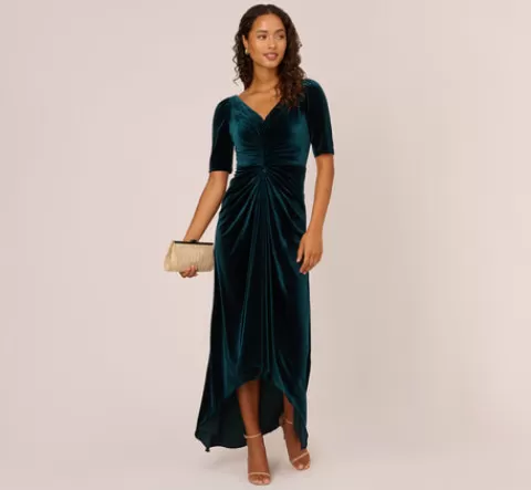 Adrianna Papell Shirred Velvet Gown With Elbow-Length Sleeves In EMERALD Clearance