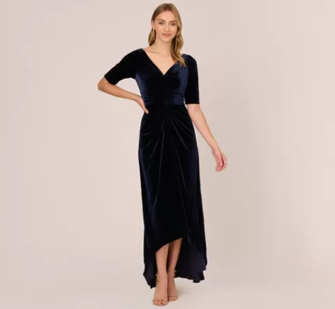 Adrianna Papell Shirred Velvet Gown With Elbow-Length Sleeves In MIDNIGHT Best