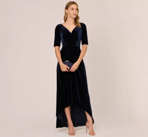 Adrianna Papell Shirred Velvet Gown With Elbow-Length Sleeves In MIDNIGHT Best