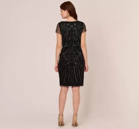 Adrianna Papell Short Sleeve Beaded Cocktail Dress With Popover In Black Gunmetal BLACK-GUNMETAL Outlet