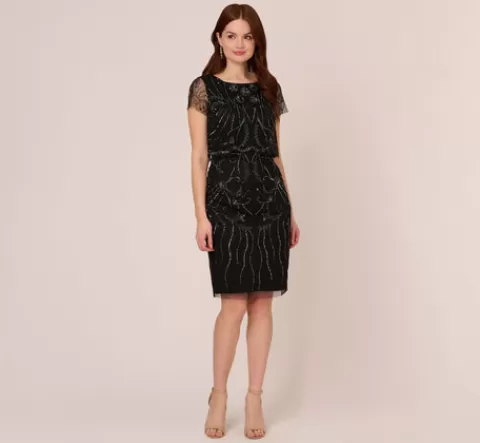 Adrianna Papell Short Sleeve Beaded Cocktail Dress With Popover In Black Gunmetal BLACK-GUNMETAL Outlet