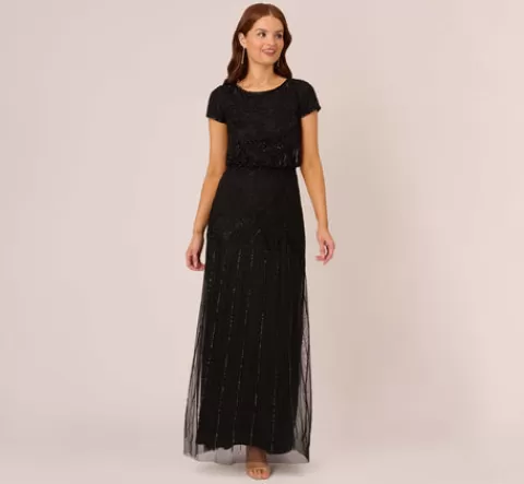 Adrianna Papell Short Sleeve Blouson Beaded Gown In BLACK Flash Sale