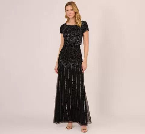 Adrianna Papell Short Sleeve Blouson Beaded Gown In Black Gunmetal BLACK-GUNMETAL Shop