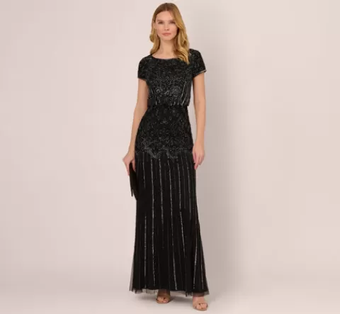 Adrianna Papell Short Sleeve Blouson Beaded Gown In Black Gunmetal BLACK-GUNMETAL Shop