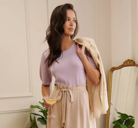 Adrianna Papell Short Sleeve Cable Knit Sweater With Crew Neckline In Orchid Petal ORCHIDPETAL Best