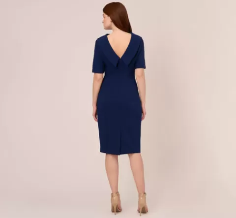 Adrianna Papell Short Sleeve Crepe Dress With Rolled Neck In Navy Sateen NAVYSATEEN Discount