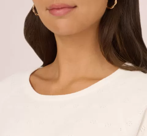 Adrianna Papell Short Sleeve Pointelle Sweater With Crew Neckline In IVORY New