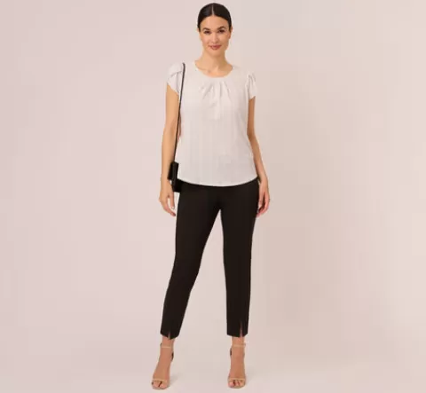 Adrianna Papell Short Sleeve Printed Top With Pleated Details In Ivory Black Seed Dot IVORY-BLACKSEEDDOT Clearance