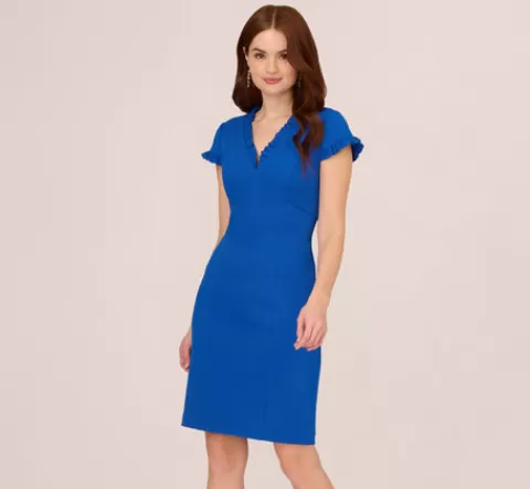 Adrianna Papell Short Sleeve Sheath Dress With Ruffle Trim In Cobalt Blue COBALTBLUE Discount