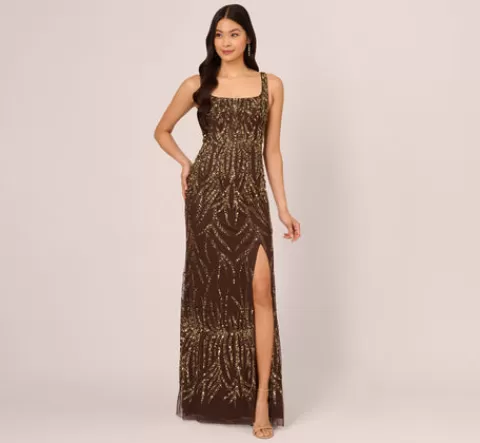 Adrianna Papell Sleeveless Beaded Mermaid Gown With Square Neckline In CHOCOLATE Cheap