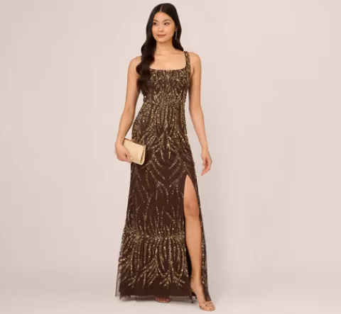 Adrianna Papell Sleeveless Beaded Mermaid Gown With Square Neckline In CHOCOLATE Cheap
